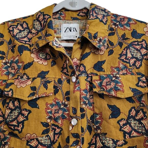 ZARA Shacket XS Mustard Gold Floral Embroidered Snap Button‎ Shirt Jacket Top - Picture 2 of 12